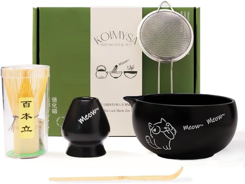 KOIMYSA Matcha Whisk Set Black, Traditional Matcha Tool Set Kit Cat Design Ceramic Chawan Bowl and Bamboo Whisk Gift for Women Friend Tea Lover - Image 1